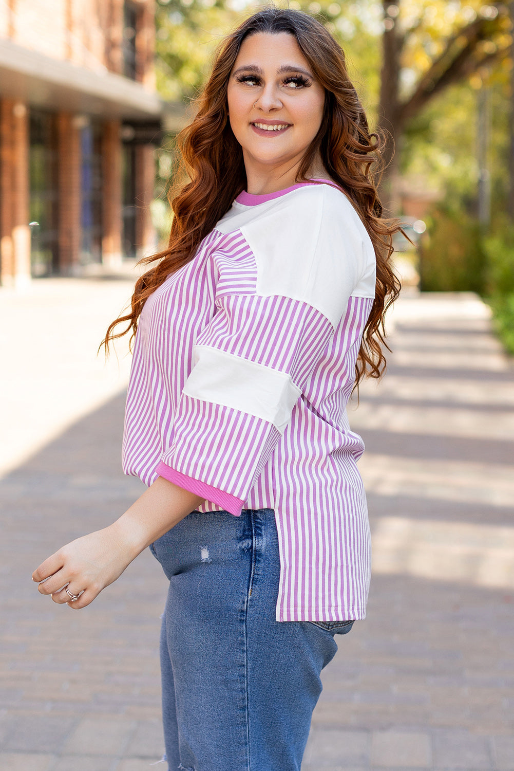 White Stripe Patchwork Bracelet Sleeve Plus Size T Shirt