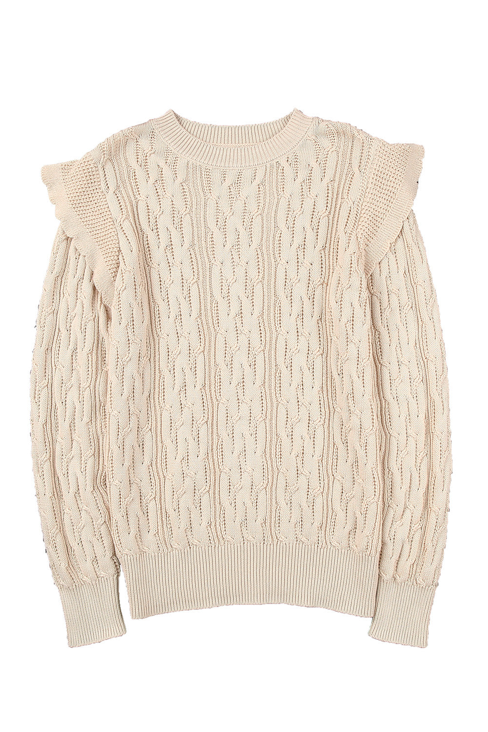 Pull beige en tricot torsadé avec épaules volantées