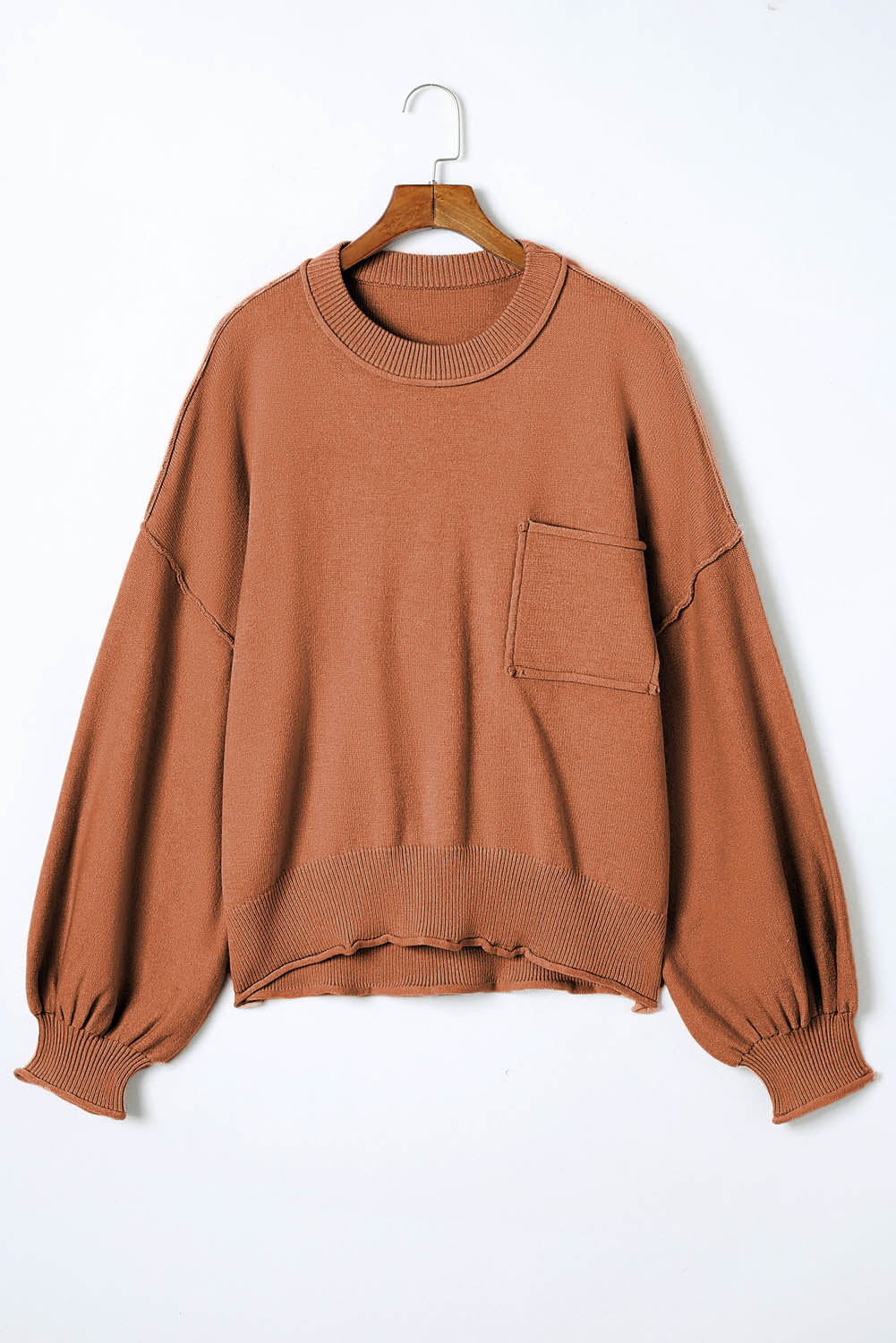 Orange Raw Edge Patch Pocket Exposed Seam Loose Sweater