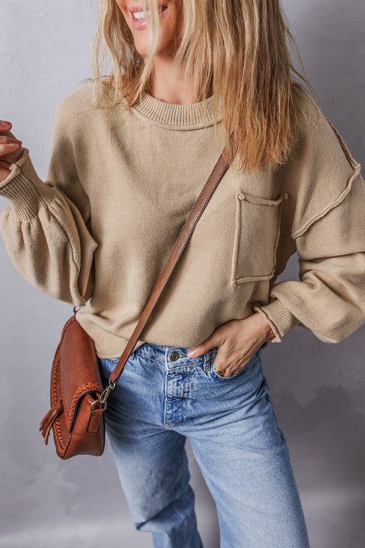 Apricot Raw Edge Patch Pocket Exposed Seam Loose Sweater