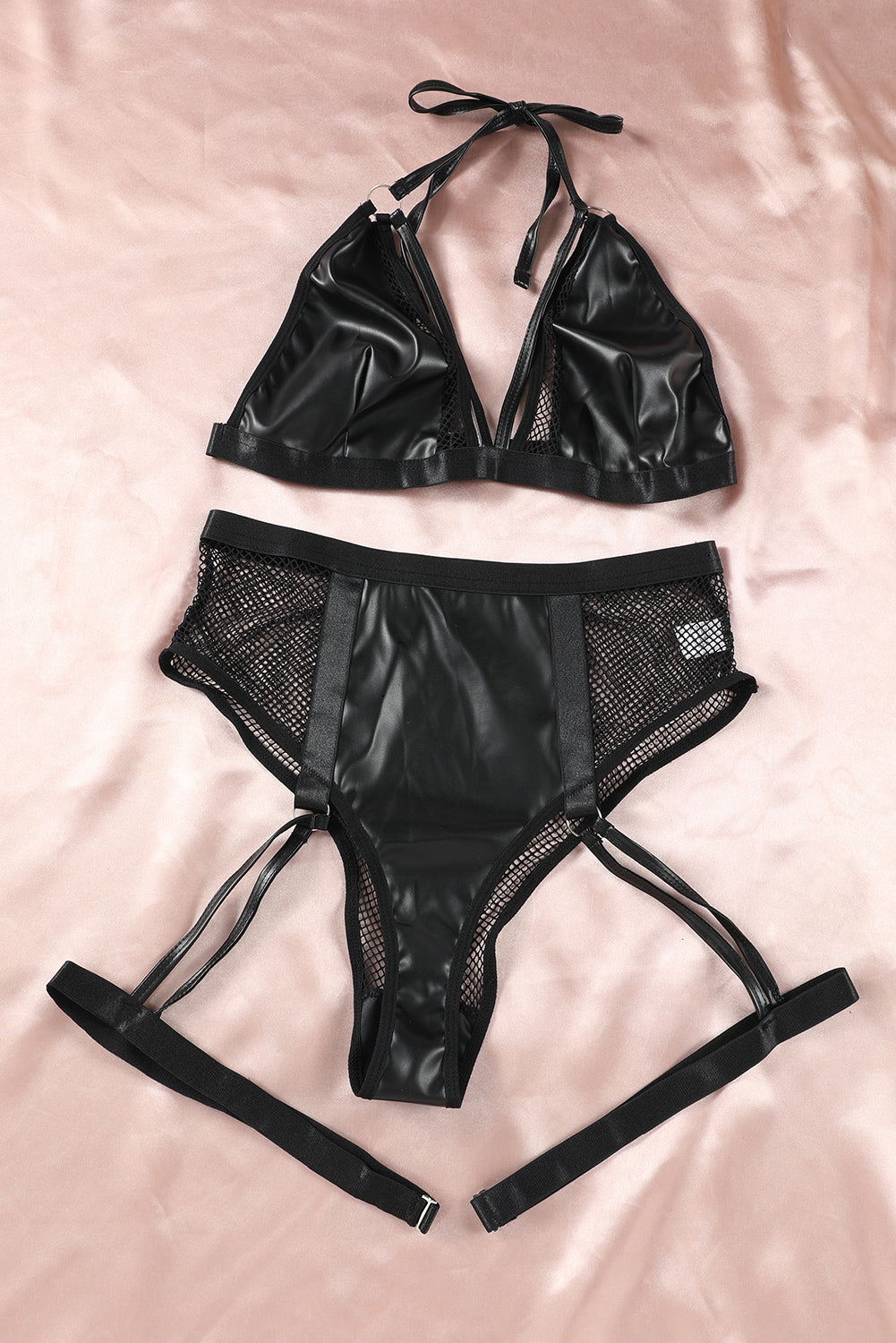 Halter Strappy Faux Leather Mesh Lingerie Set