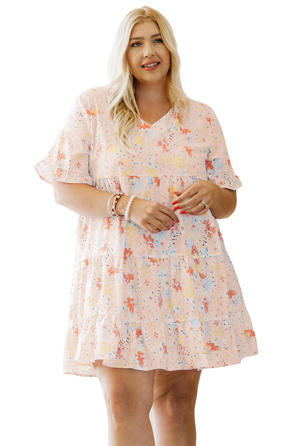 Robe Swing Babydoll à Motif Floral Rose de Grande Taille