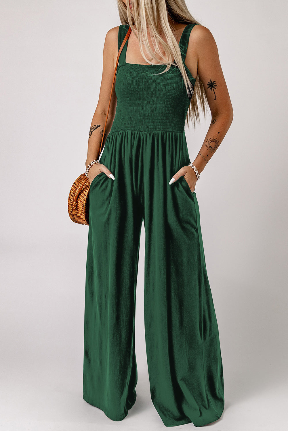 Smocked Square Neck Long Sleeve Wide Leg Jumpsuit