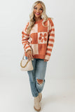 Green Checkered Floral Print Striped Sleeve Sweater