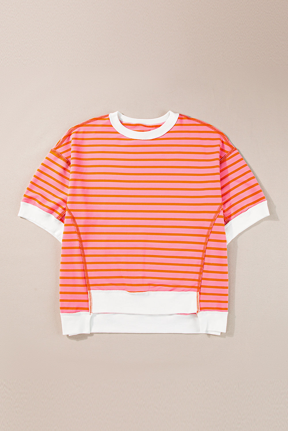 Orange Stripe Oversized Contrast Trim Exposed Seam High Low T Shirt