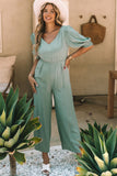 V Neck Puff Sleeve Hollow out Wide Leg Jumpsuit