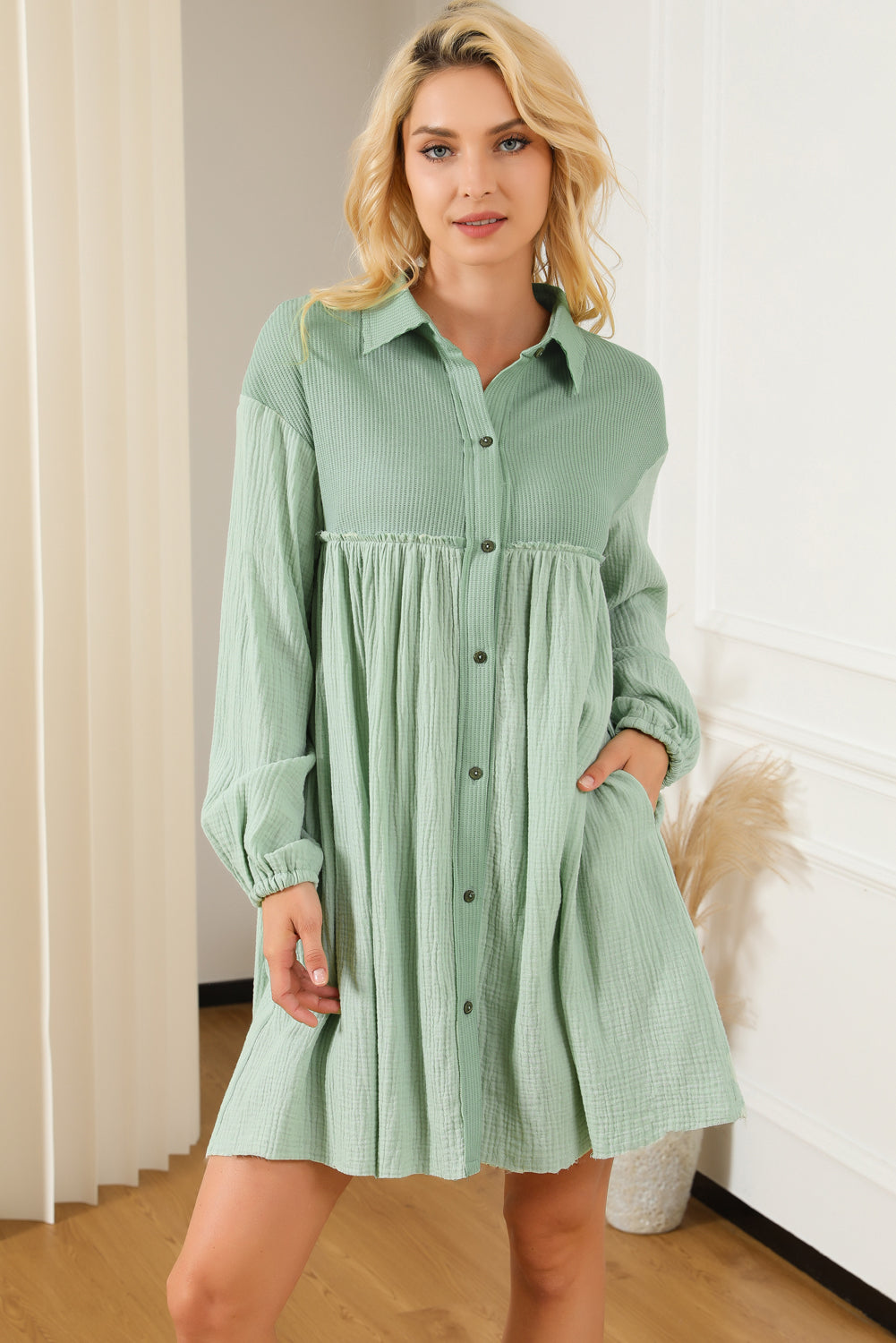 Patchwork Crinkle Puff Sleeve Shirt Dress