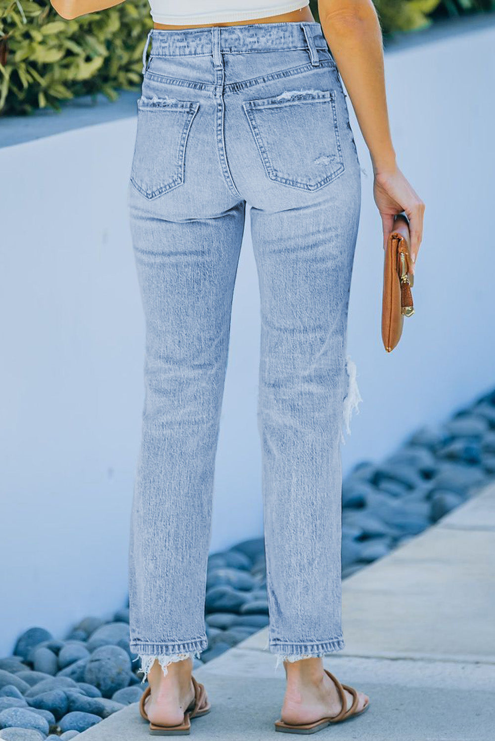 Light Blue Distressed Holes Straight Jeans