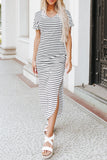 Striped Print Side Split Short Sleeve V Neck Maxi Dress