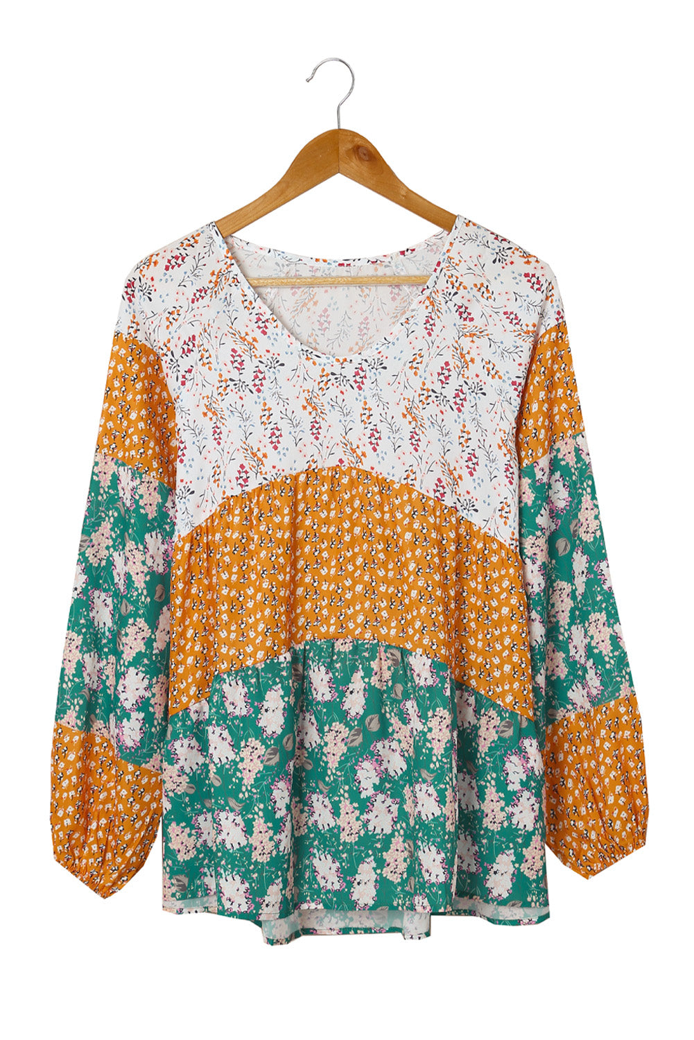 Color Block Floral Print Loose Blouse