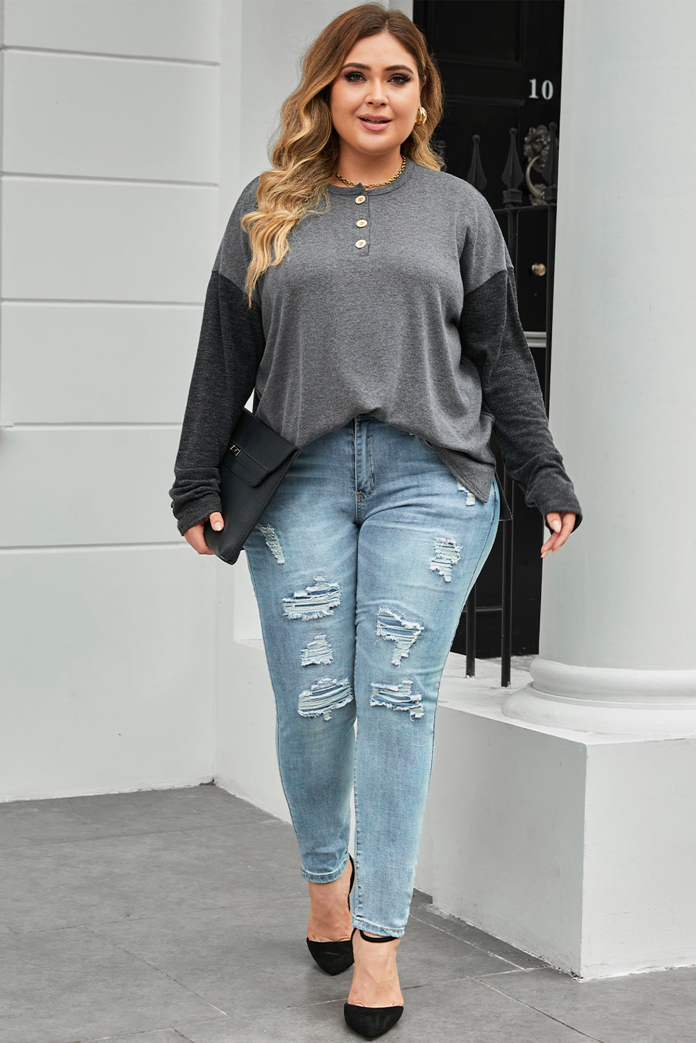 Plus Size Ribbed Long Sleeve Henley Top