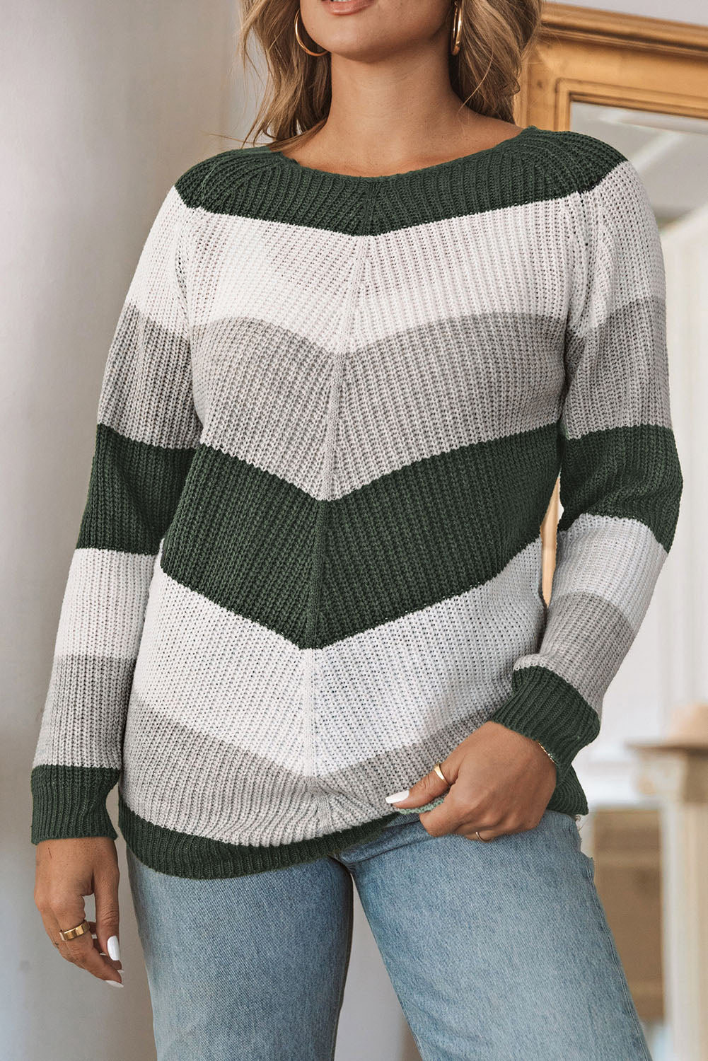 Chevron Color Block Striped Knit Pullover Sweater