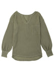 Waffle Knit Split Neck Pocketed Loose Top