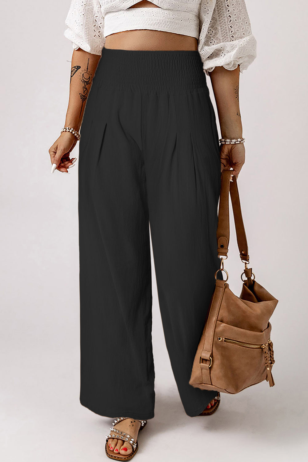 Pink Textured High Waist Wide Leg Plus Size Pants