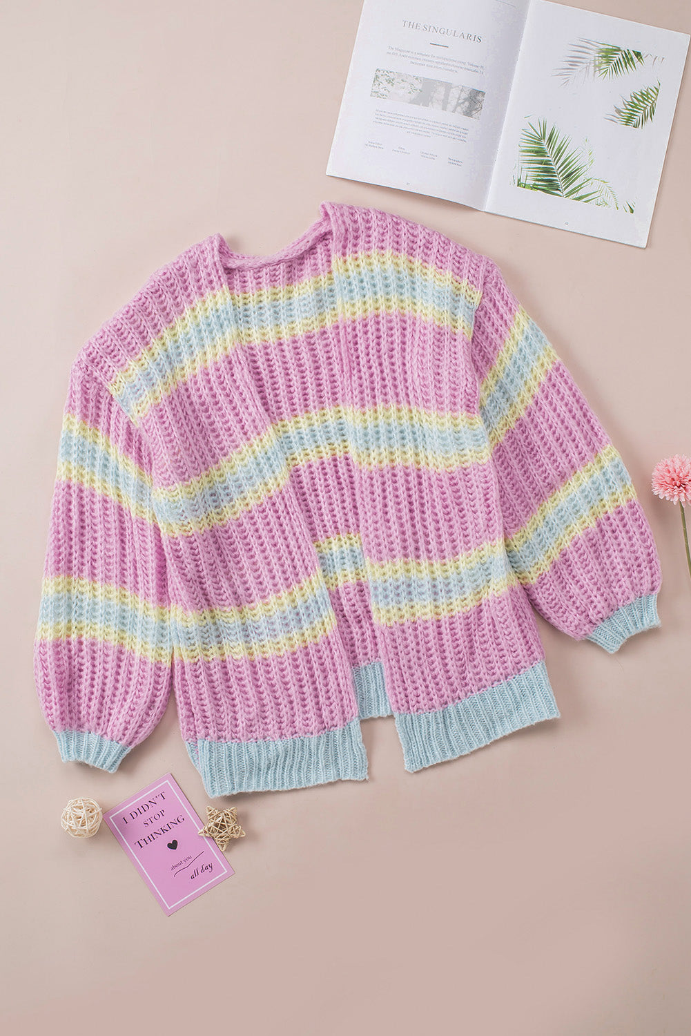 Contrast Striped Open Front Cable Cardigan