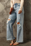 Distressed Frayed Hem Holed Straight Leg Loose Jeans