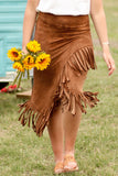 Fringe Asymmetric Wrap Suede Midi Skirt