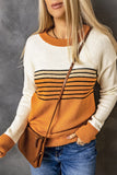 Pull col rond rayé orange color block