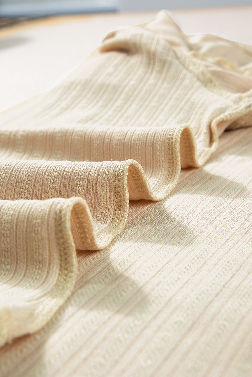 Beige Ruffled Rib Knitted Short Sleeve T Shirt