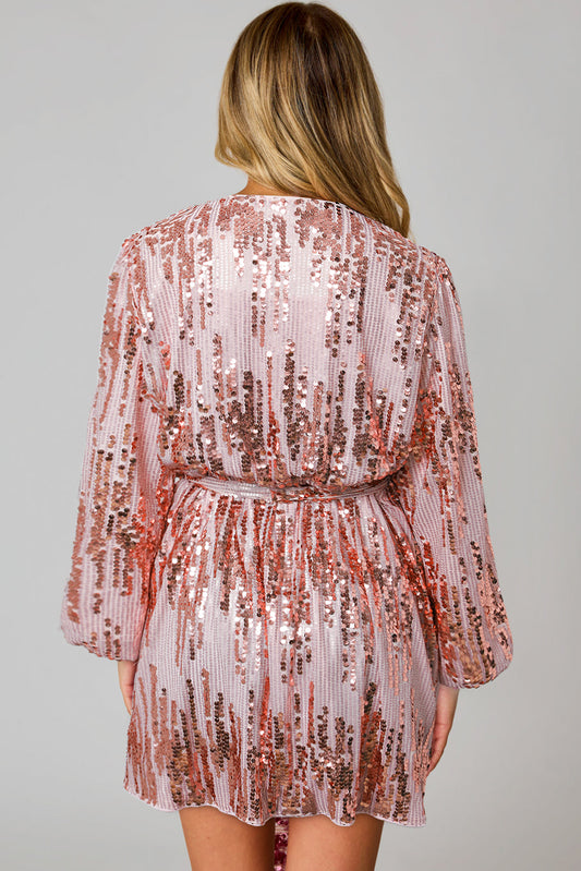 Sequin Bubble Sleeves Short Wrap Dress