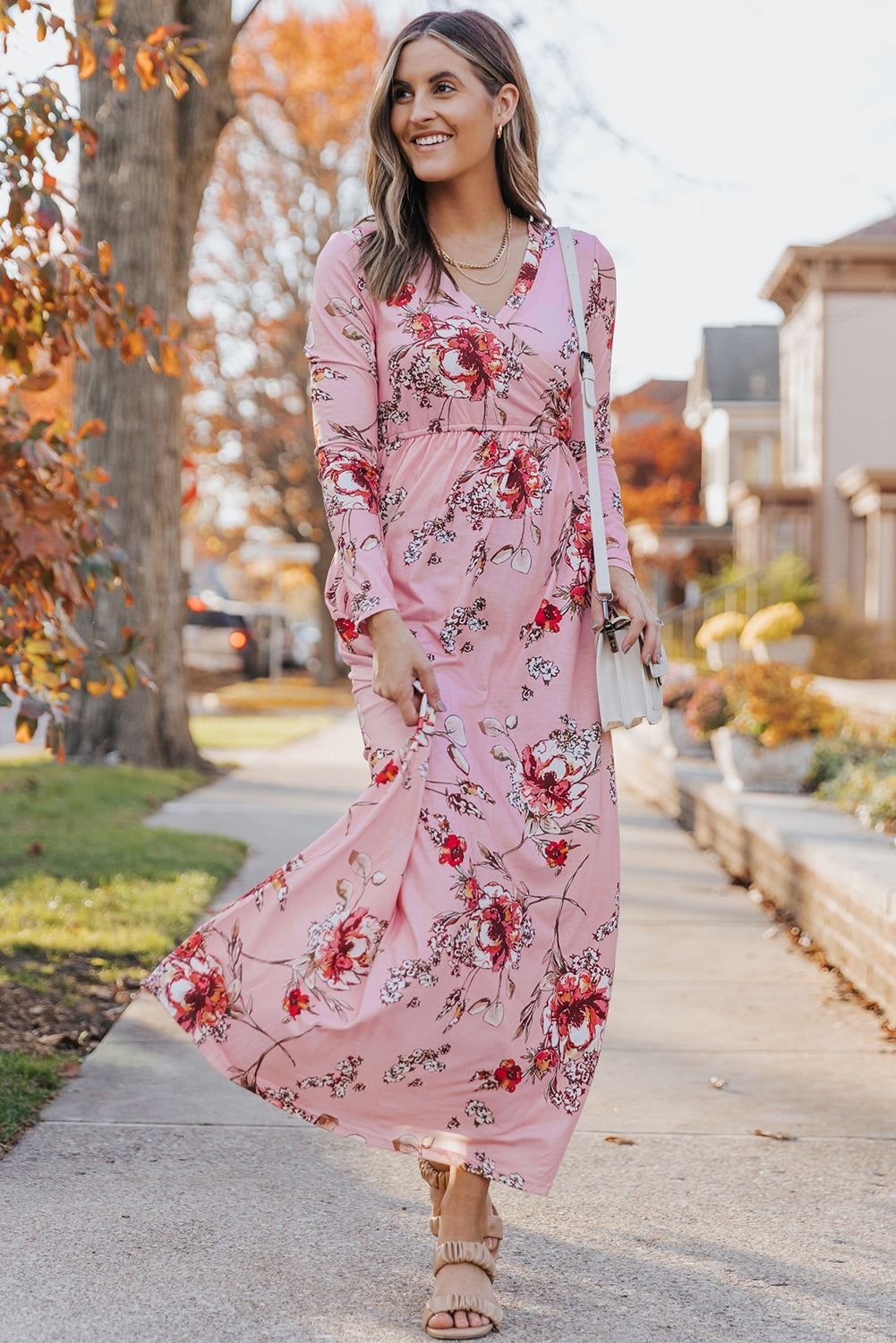 Wrapped V Neck Floral Long Sleeve Empire Maxi Dress