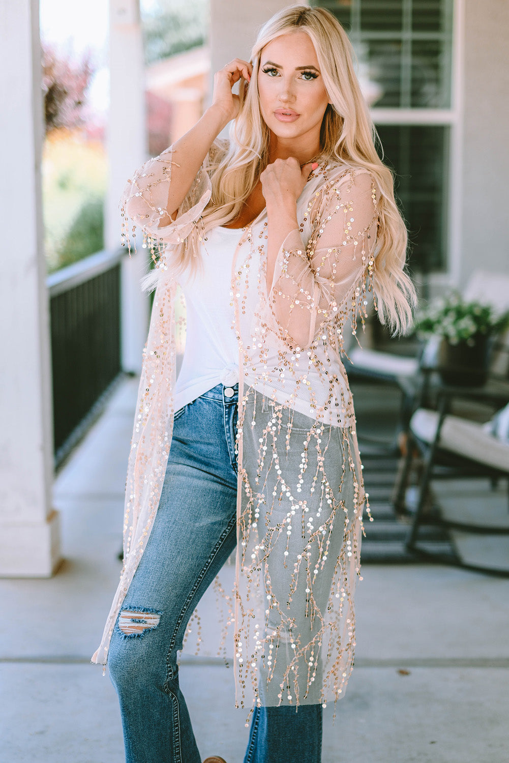 Sequin Sheer Long Sleeve Open Front Kimono