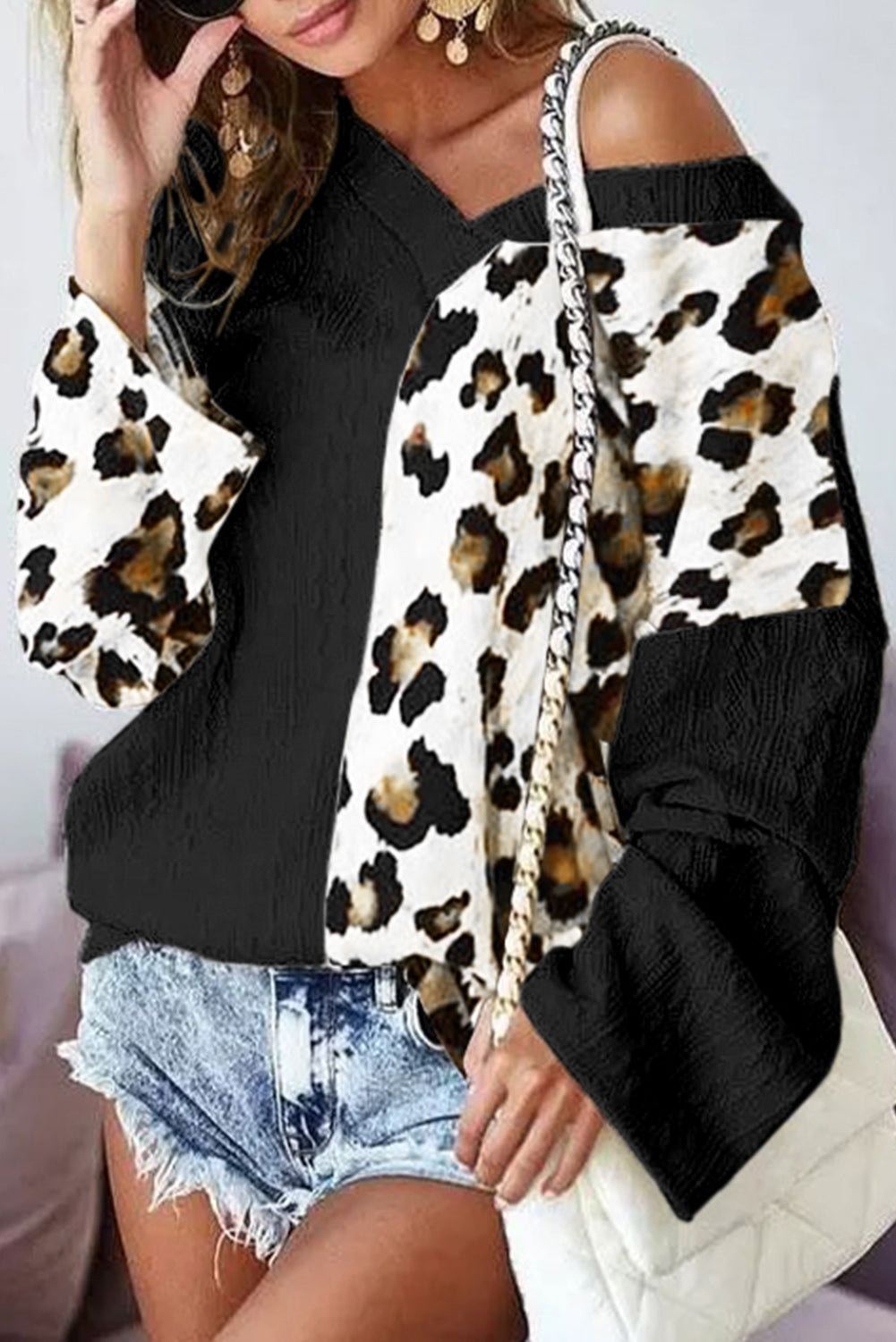 Asymmetric Leopard Patchwork Wide Sleeve V Neck Sweater