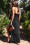 Black Spaghetti Straps Smocked Front Slit Buttoned Dress