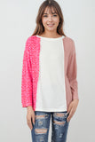 Waffle Knit Exposed Seam Leopard Colorblock Print Top