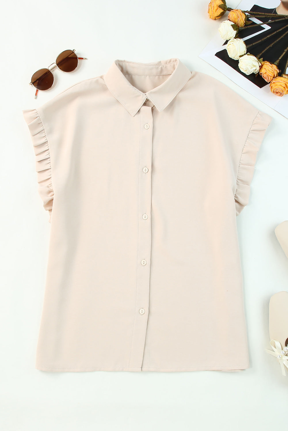 Ruffle Short Sleeve Button Up Shirt