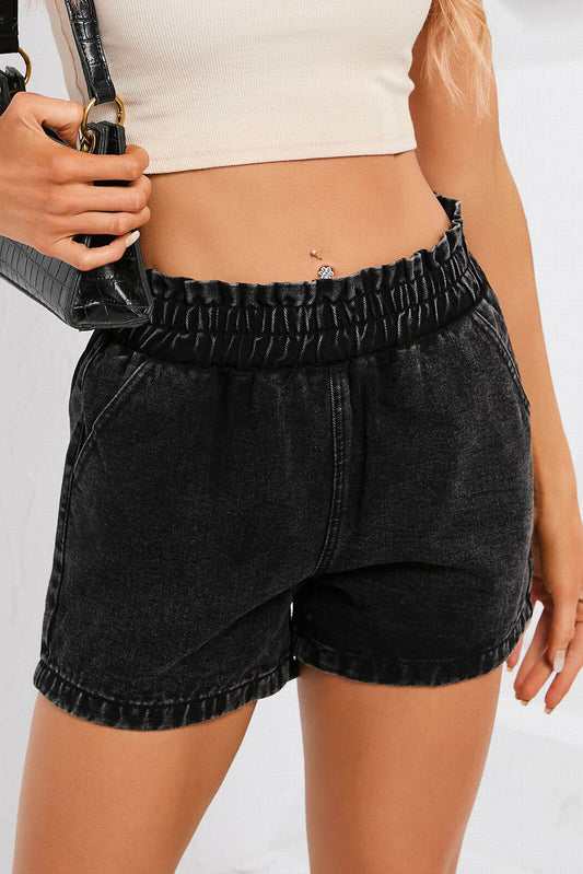 Short en denim taille haute élastique à volants rétro noir délavé à l'eau de Javel