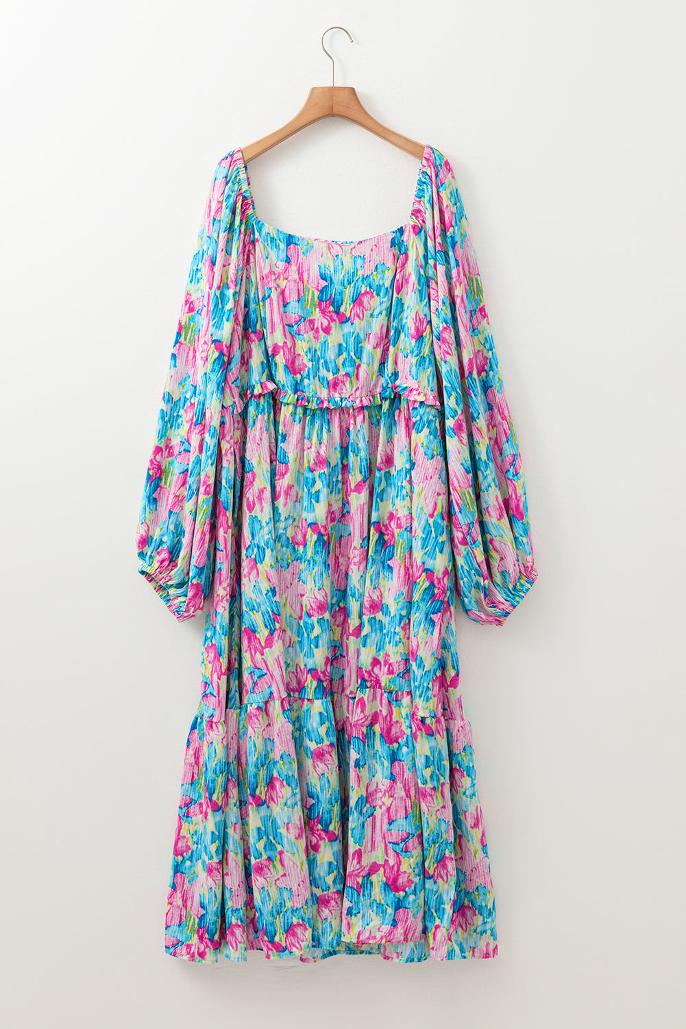 Sky Blue Floral Allover Print Shirred Square Neck Plus Size Maxi Dress