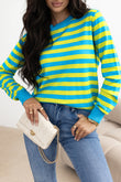 Green Stripe Crew Neck Drop Shoulder Casual Sweater