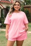 Pink Plus Size Ribbed Exposed Seam Tee and Shorts Set