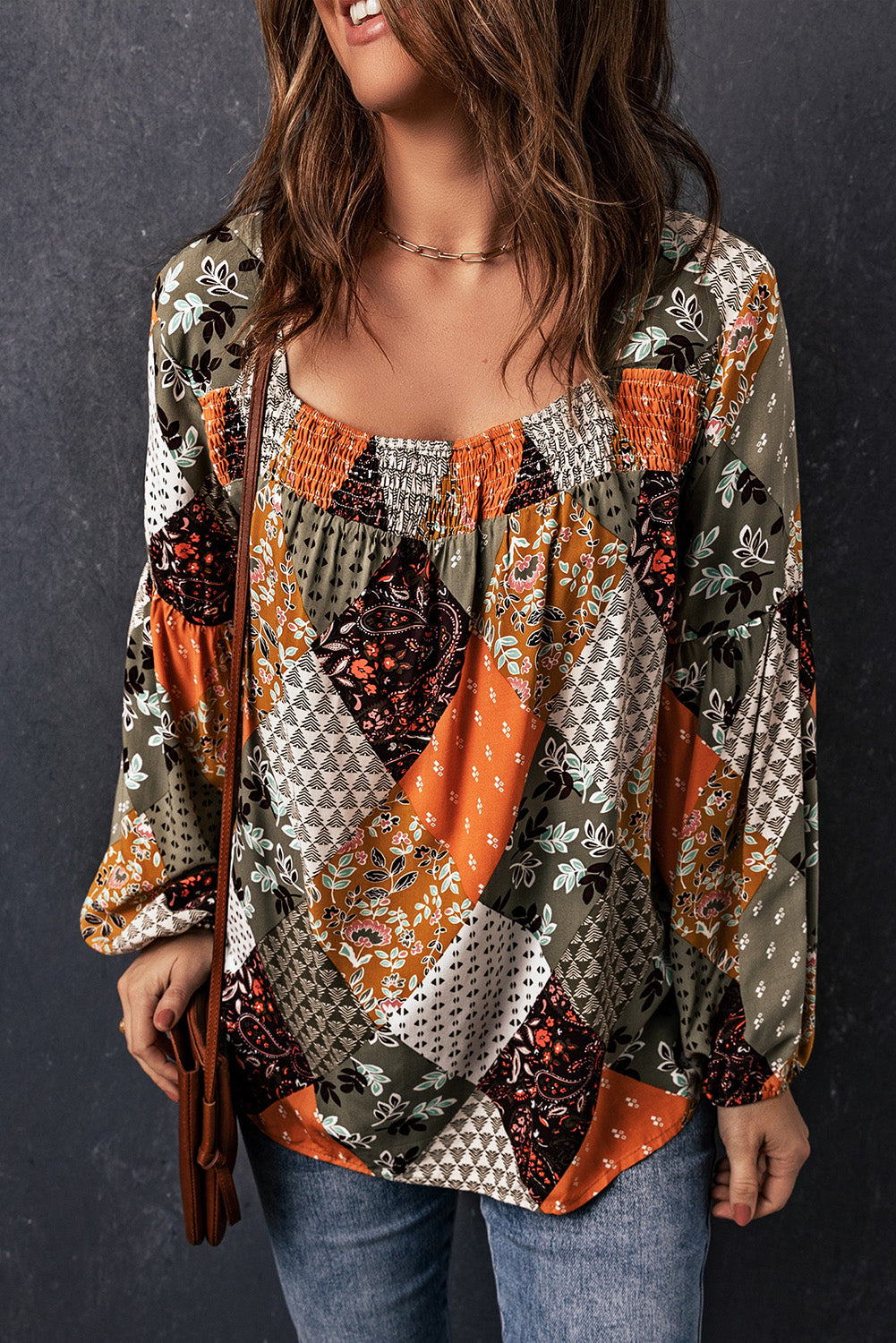 Square Neck Mixed Print Blouse