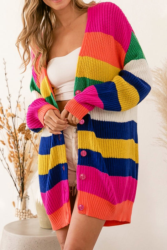 Cardigan long imprimé à rayures multicolores