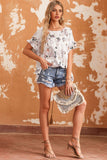 Floral Ruffled Short Sleeve Back Knot Blouse