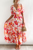 Short Puff Sleeve Floral Tiered Maxi Dress