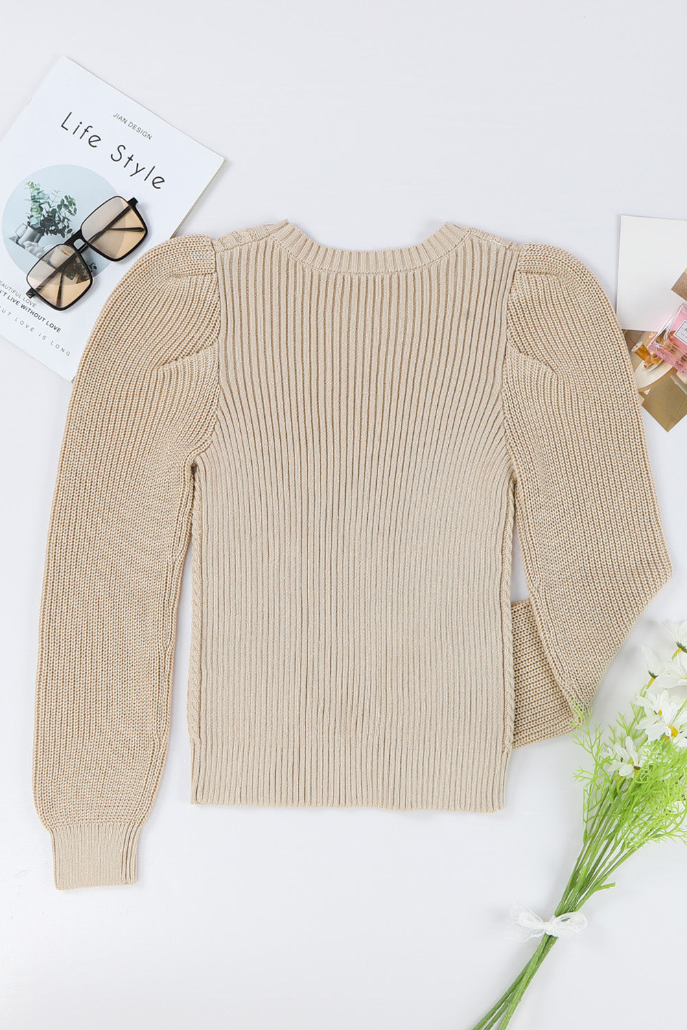 Cable Ribbed Knit Mix Pattern Puff Sleeve Sweater