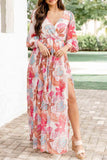 Tropical Plant Print Long Sleeve Wrap V-Neck Slit Maxi Dress