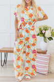 Orange Vibrant Floral Printed Short Sleeve Top 2 Piece Pants Set