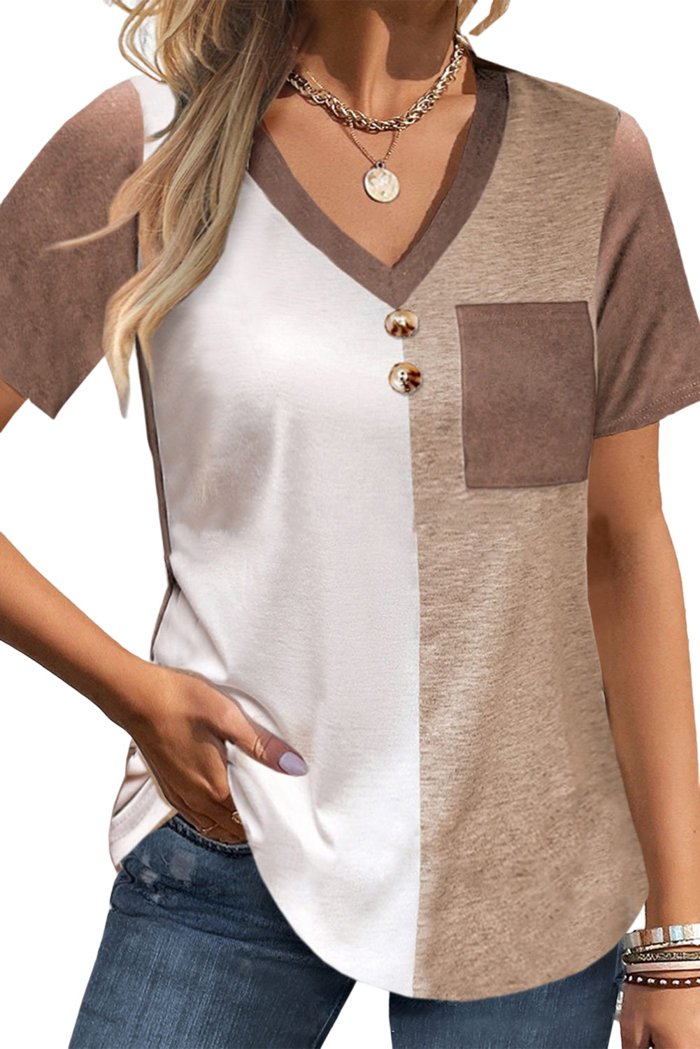 Color Block Patchwork Button V Neck T-shirt