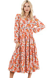 Multicolor Boho Floral Collared Long Sleeve Ruffled Dress