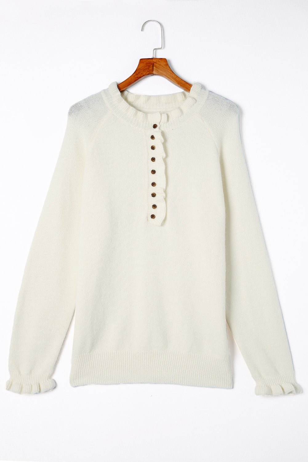 Pull en tricot boutonné à volants beige