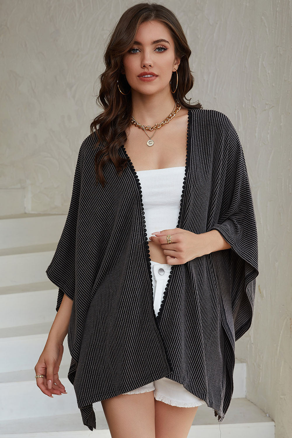 Lace Trim Ribbed Oversize Kimono