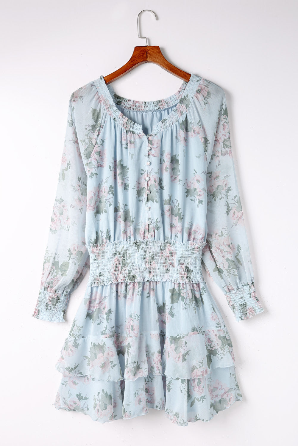 Floral Print Tiered Ruffled Shirred High Waist Mini Dress