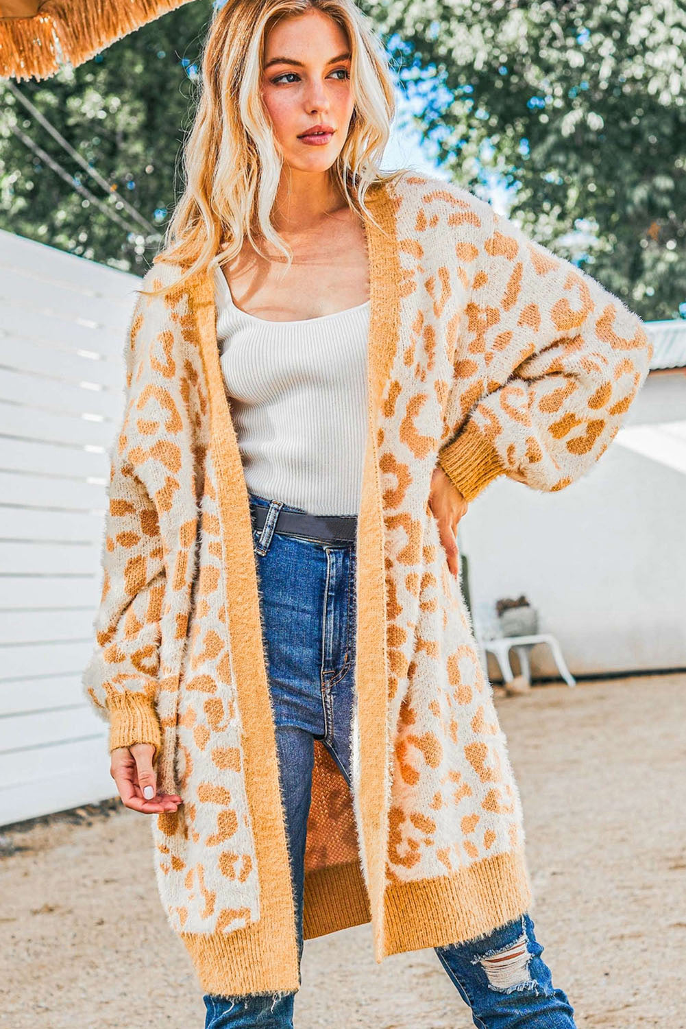 Fuzzy Knit Leopard Print Open Front Tunic Cardigan