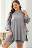 Light Grey Solid Color Loose Tunic Top and Slim Shorts Set