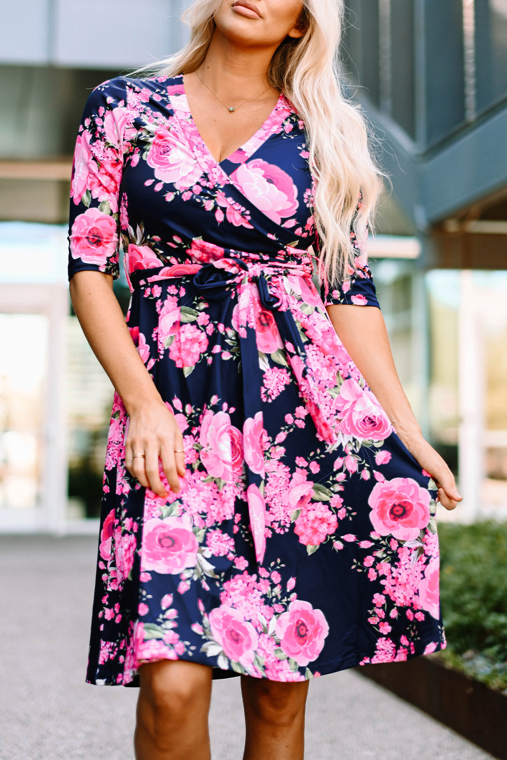 Wrap V Neck Floral Dress with Belt