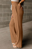 Brown Drawstring High Waist Wide Leg Waffle Knit Pants